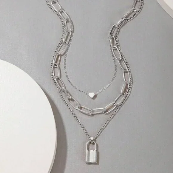 Sterling Silver 3-Layer Chain Necklace | Heart & Lock Pendant - Picture 1 of 4